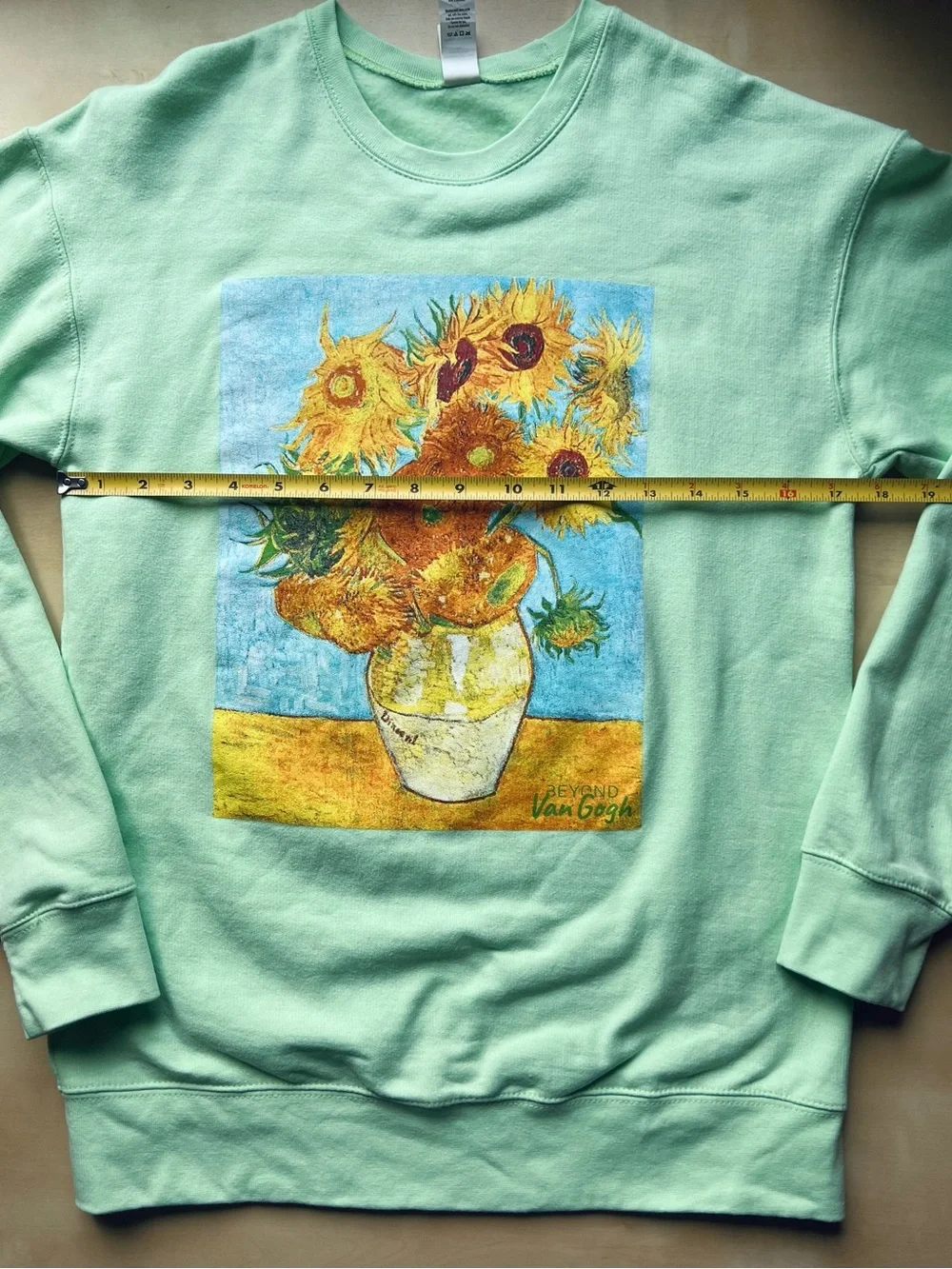 Artsy Mint Green Crewneck Sweatshirt with Van Gogh Sunflowers Print - Picture 6 of 8